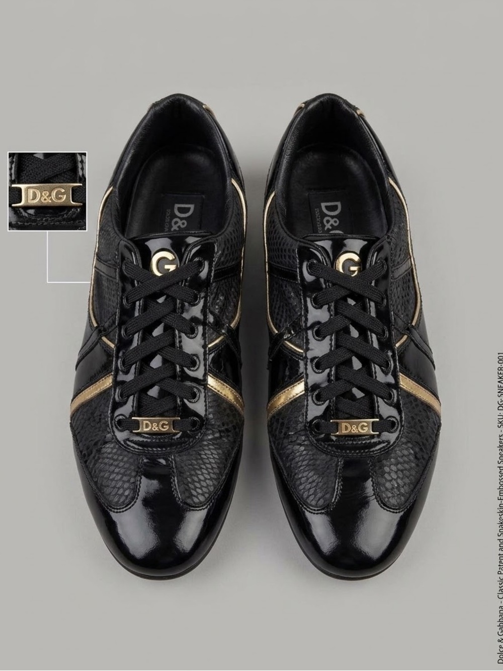 D&G Dolce & Gabbana Black Patent & Snakeskin-Embossed Gold Accent Sneakers